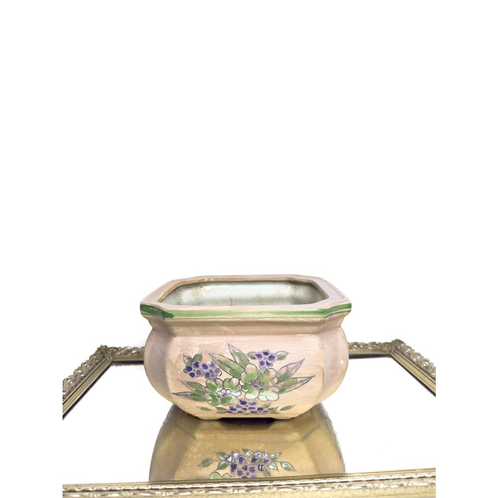 Vintage Bonsai Planter Porcelain Pale Matt Pink With Green & Purple Floral
